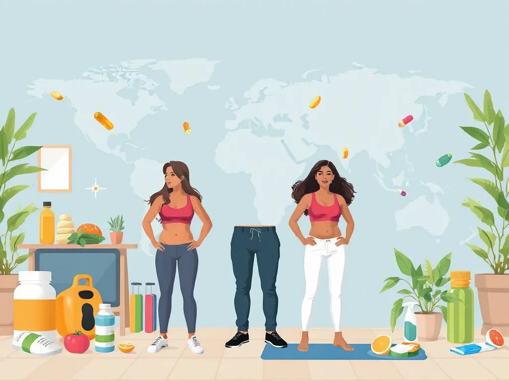 Illustration of global weight loss solutions, including dietary supplements, exercise equipment, and wellness practices, photorealistic, high quality, showcasing diversity and modern lifestyle