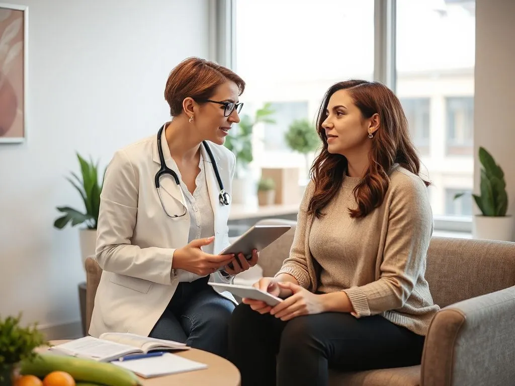 A professional nutritionist consulting with a client in a modern office setting, discussing personalized weight loss plans, high quality, natural lighting, detailed, emphasis on a supportive and empathetic interaction