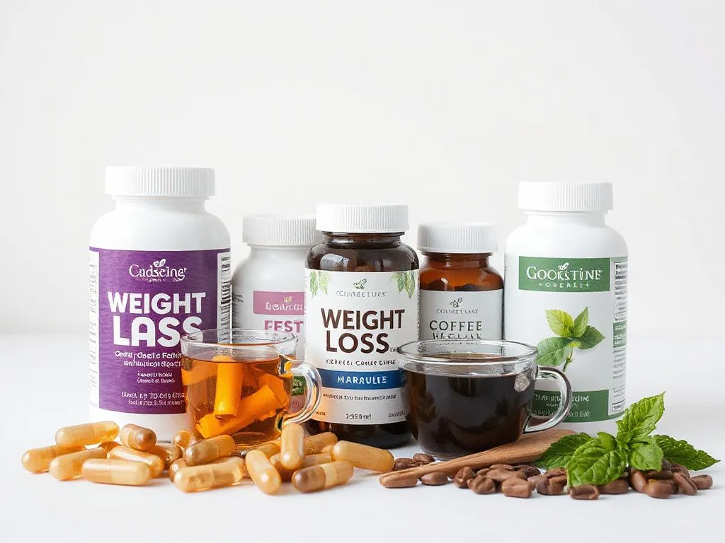 A compilation of weight loss products including capsules, herbal tea, and coffee moisturizer, presented in a professional setting, with no text, high quality, clean background