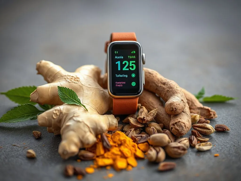 A photorealistic image of traditional Arabic herbs like ginger, turmeric, and cardamom, arranged artfully with modern health tracking device, demonstrating a blend of traditional and modern weight loss approaches, high quality, professional lighting