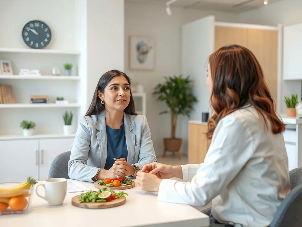 A professional consultation setting for weight loss, showing a nutritionist working with a client, detailed, realistic, professional lighting, modern health facility