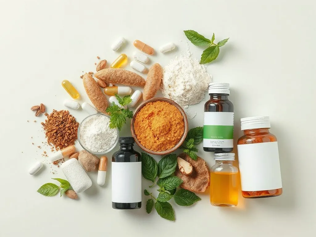 A variety of natural dietary supplements displayed on a clean, minimalist background, showcasing capsules, pills, powders, and liquid extracts, high quality, photorealistic