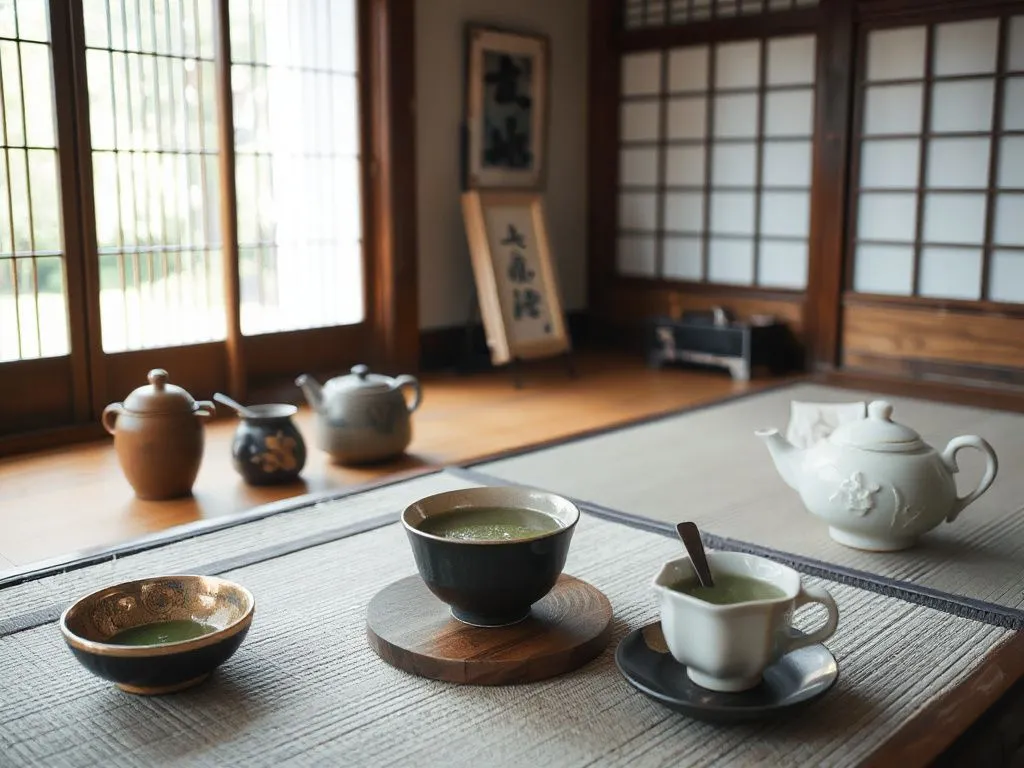 A traditional Japanese tea ceremony setting, with matcha tea being served. The setting includes traditional tea utensils, a serene atmosphere, and natural lighting