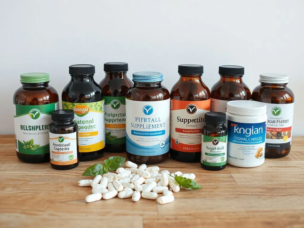 A variety of natural supplements for weight management on a wooden countertop, photorealistic, high quality, natural lighting, showcasing bottles without text, smooth textures, minimalist design