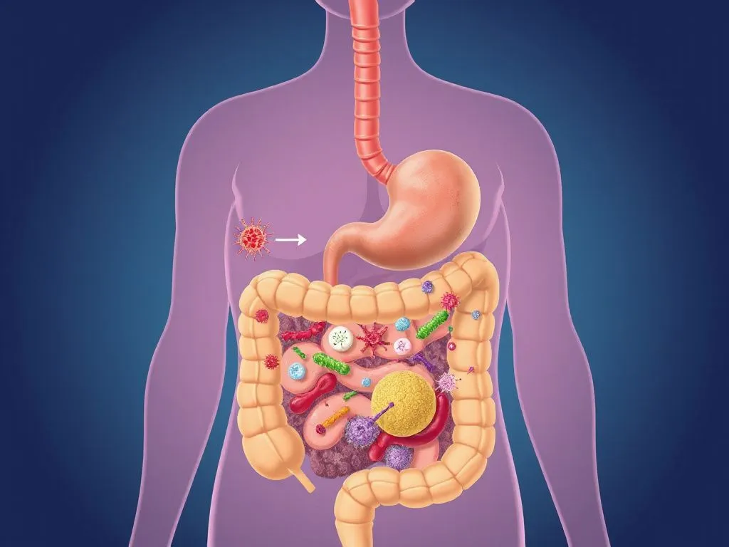Illustration of human digestive system with highlighted microbiome, showing lots of microorganisms, vibrant colors, detailed, educational design, health and science theme