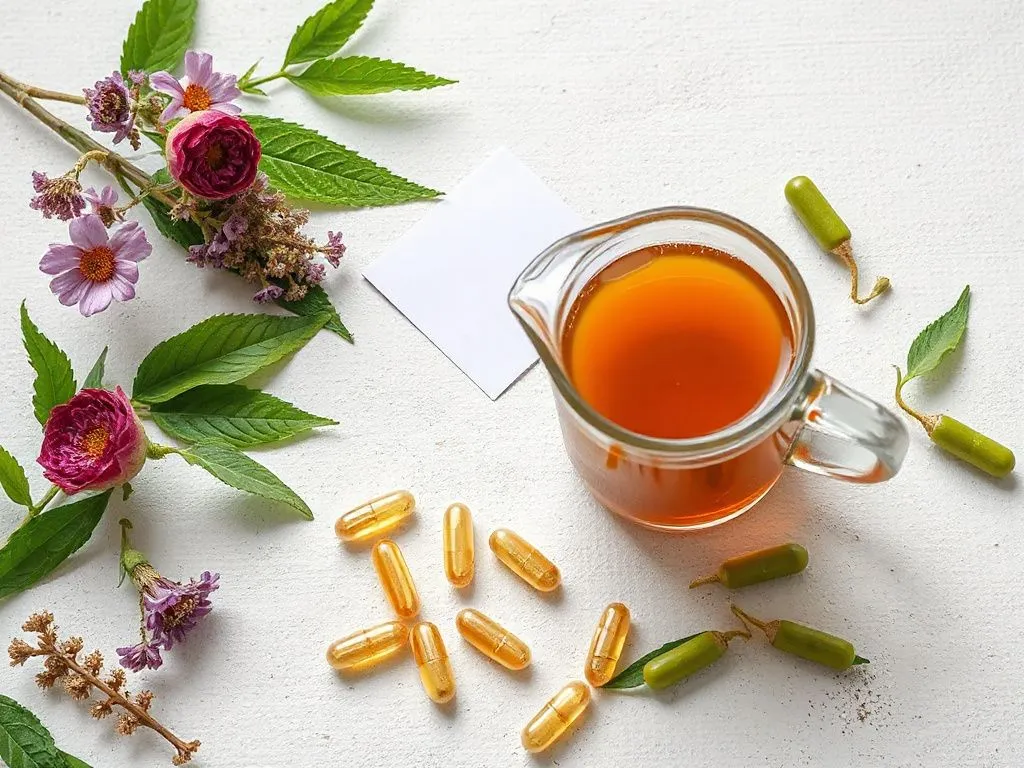 A modern and healthy lifestyle concept with herbal detox tea and diet capsules on a clean, natural background, photorealistic, high quality, promoting wellness and detoxification