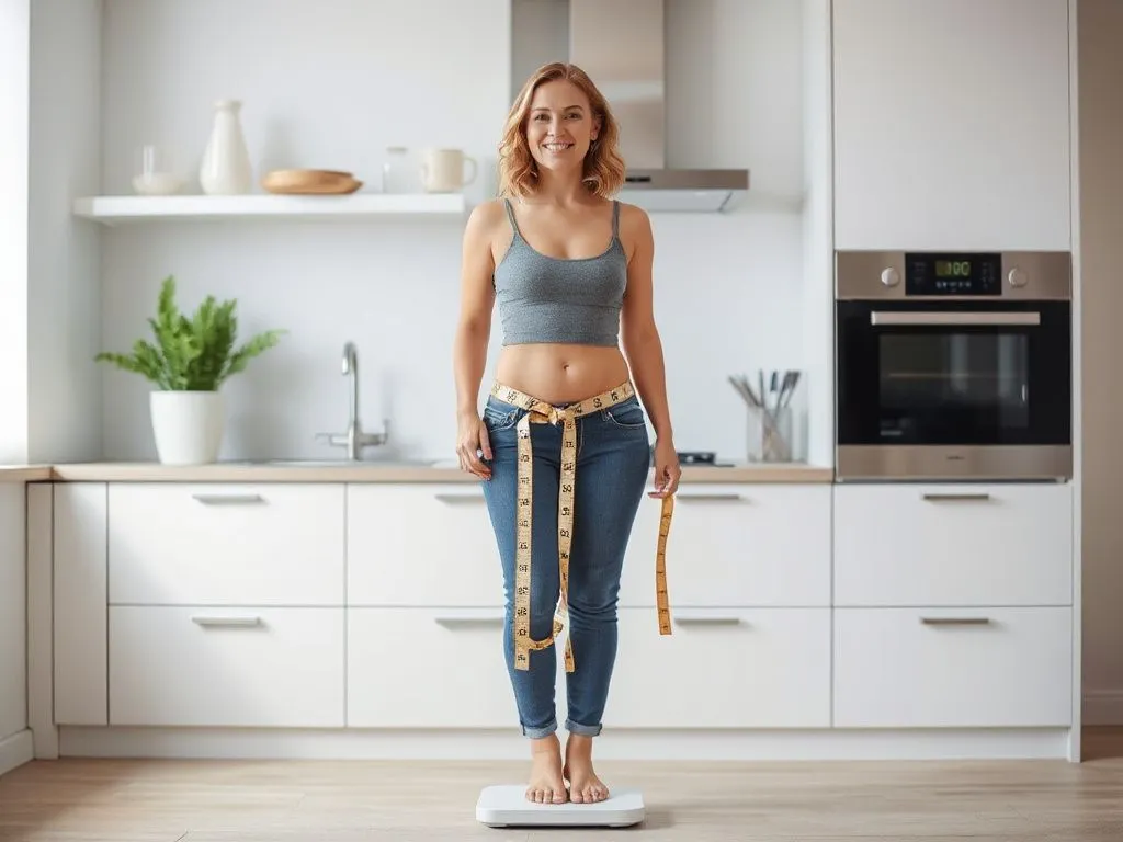 A woman standing on a scale, looking satisfied, with a measuring tape around her waist. The background is a bright, modern kitchen setting, photorealistic, high quality, professional lighting.