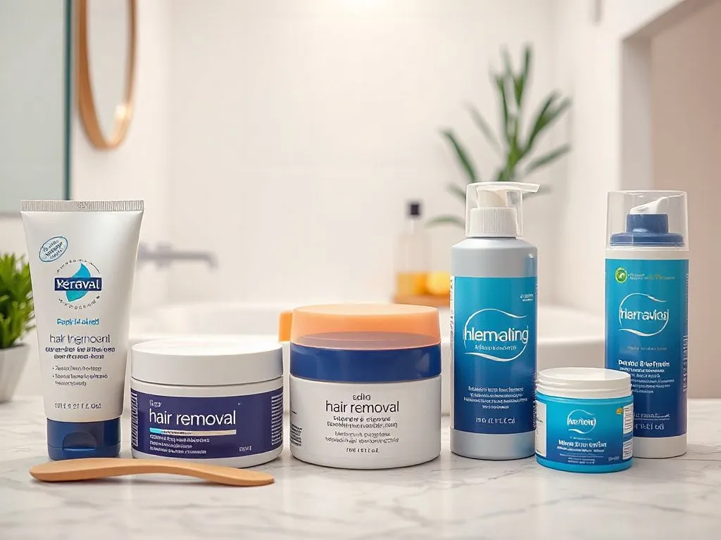 A professional and high-quality photorealistic image depicting the various types of hair removal creams and foams, with containers of creams, spatula, and a serene bathroom setting, showing the ease of use at home for legs, arms, and underarms.
