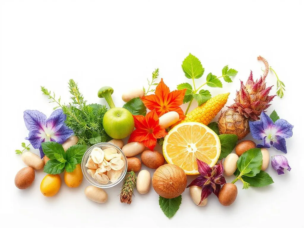 A serene and natural illustration of botanical supplements for children, featuring a selection of colorful herbs and plants in a clean background, photorealistic, high quality, natural lighting, emphasizing health and safety