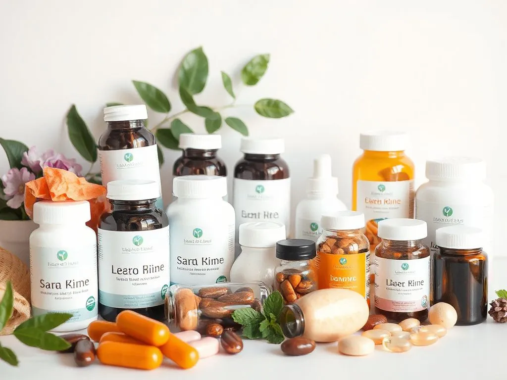 An array of natural supplements and vitamins in a modern setting, showcasing beauty and health themes, high quality, clean background