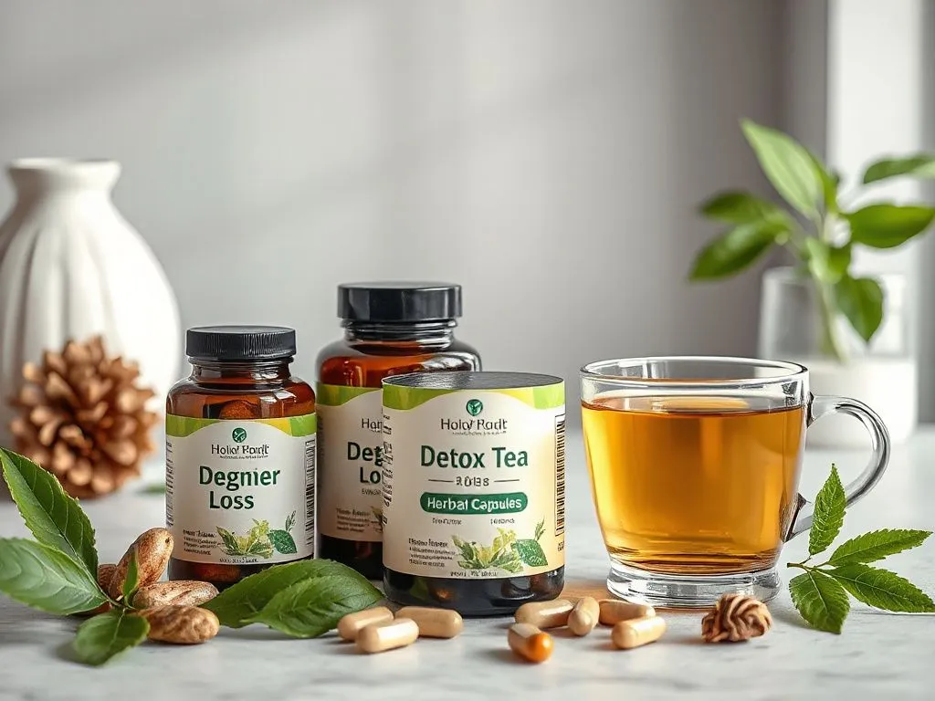 A photorealistic image of natural weight loss products, featuring herbal capsules and detox tea in an elegant setting, emphasizing a healthy and balanced lifestyle.