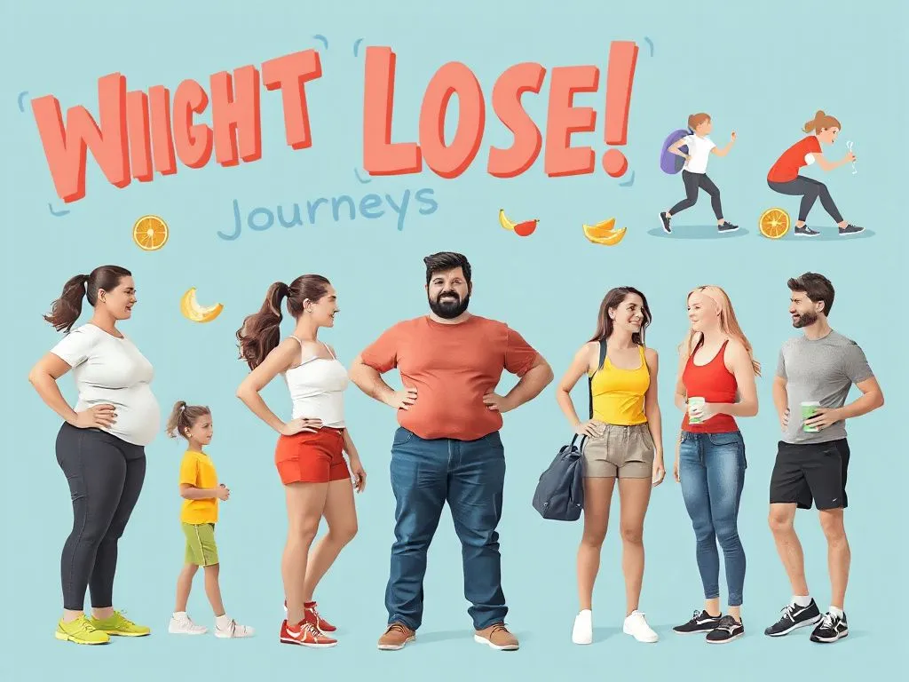 A dynamic and inspiring scene showing various individuals on their weight loss journeys, including diverse activities and healthy choices, photorealistic, high quality, vivid colors.