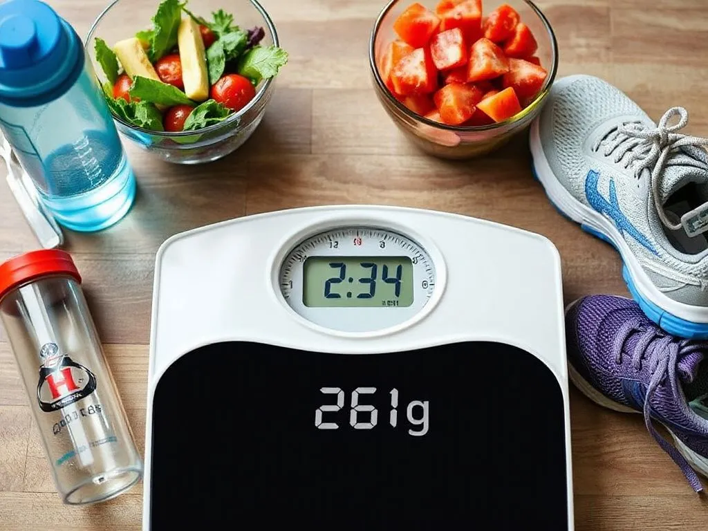 Plateau in weight loss journey, showcasing a scale with steady readings, surrounded by salad bowls, running shoes, and a water bottle, photorealistic, high quality