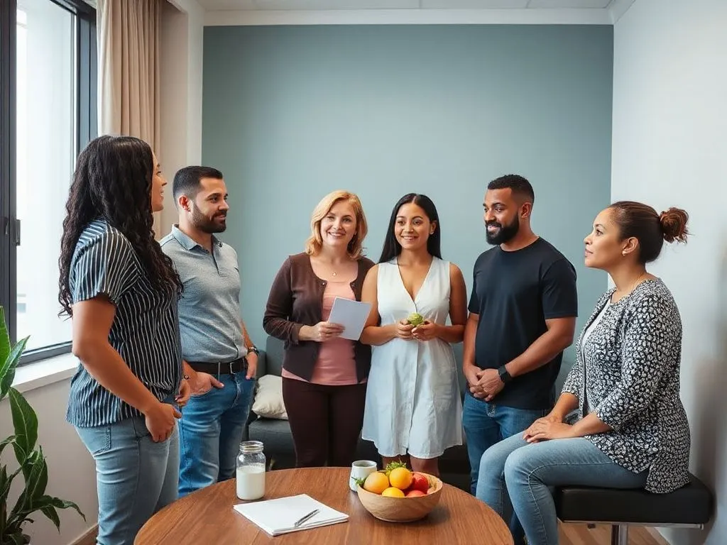 A diverse group of individuals in a weight loss consultation setting, discussing personalized nutrition plans with a professional dietitian, high quality, modern healthcare environment, inclusive representation of different ethnicities and ages