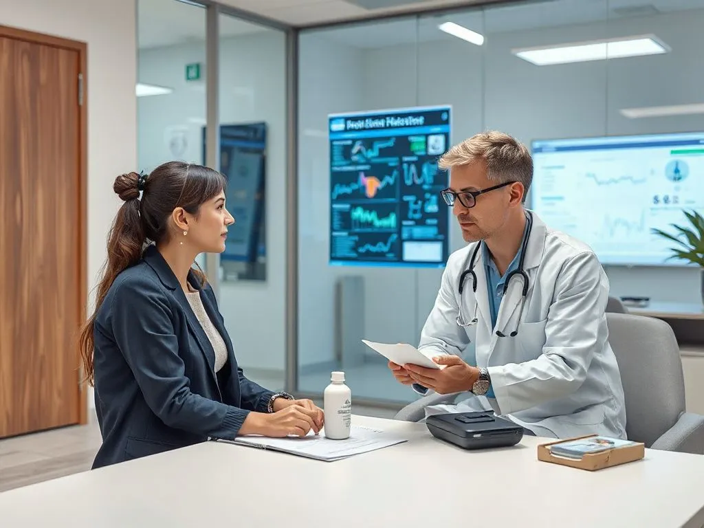 Photorealistic scene of a personalized health consultation in a modern clinic setting, with a health professional reviewing a client's health data, high quality, professional lighting