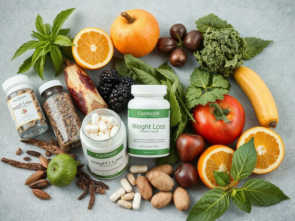 A healthy lifestyle concept showing natural ingredients like herbs and fruits for weight loss, along with modern weight-loss supplements, photorealistic, high quality, natural lighting, professional photography