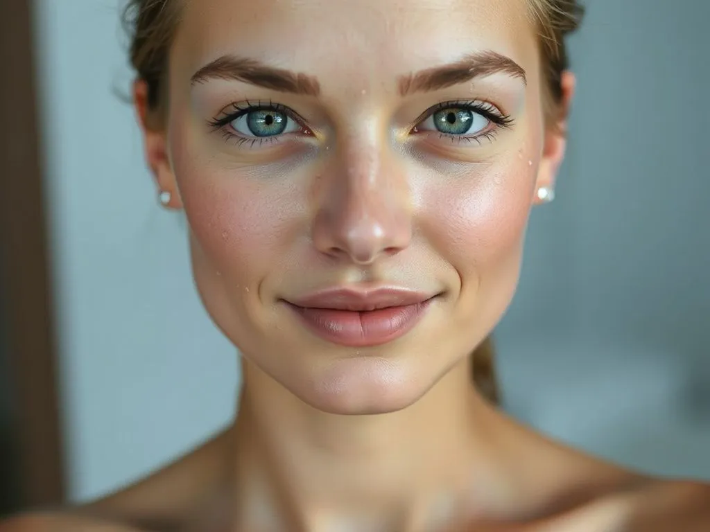 Youthful person with smooth, radiant skin, water drops on face, representing hydration and skin health, photorealistic, soft focus, high quality.