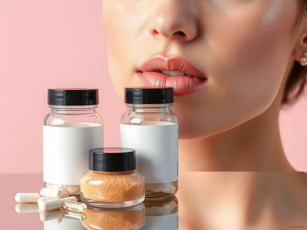 High-quality collage showing collagen supplements in powder and capsule forms, with glowing, smooth skin in the background to illustrate collagen benefits for skin. Photorealistic, vibrant colors, professional lighting, skincare theme.