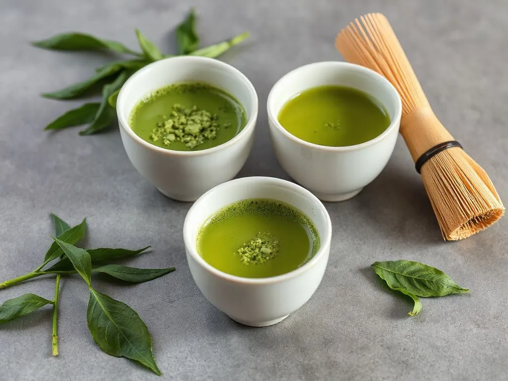 A serene setup featuring Matcha tea and green tea with bamboo whisk, two steaming cups, and green tea leaves. Photorealistic, high quality, natural lighting, emphasizing a healthy lifestyle