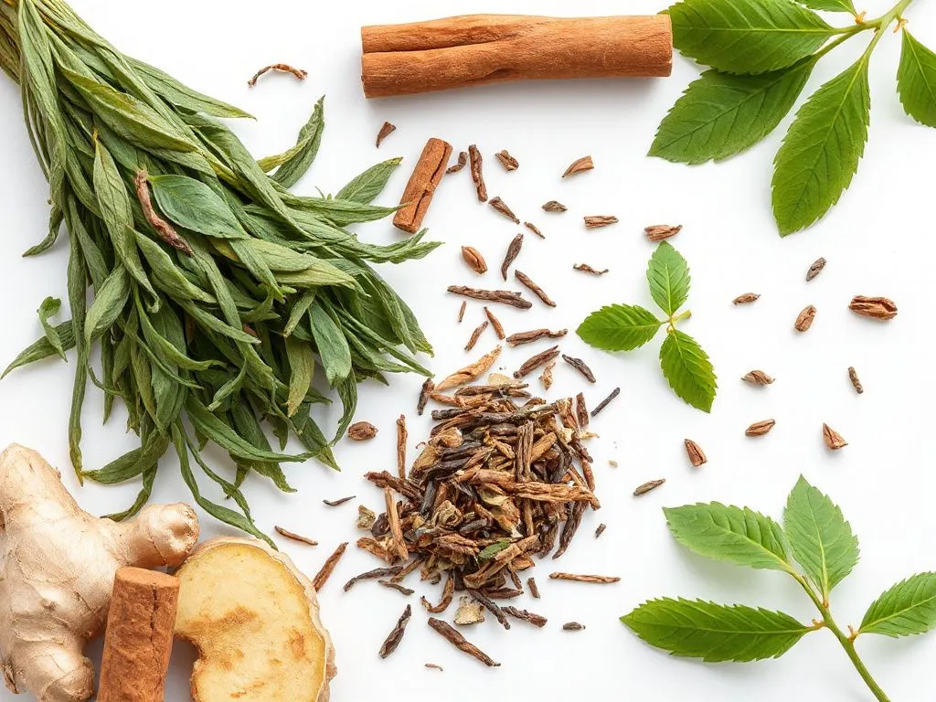 Variety of herbs including green tea leaves, ginger root, and cinnamon sticks, displayed in an aesthetically pleasing arrangement, photorealistic, high quality, clean background