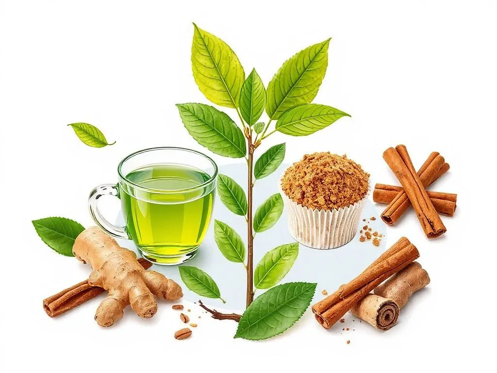 Illustration of the synergy between natural plants for weight loss like green tea, ginger, and cinnamon, and modern technology such as mobile health apps with digital analytics, professional and detailed, clean design