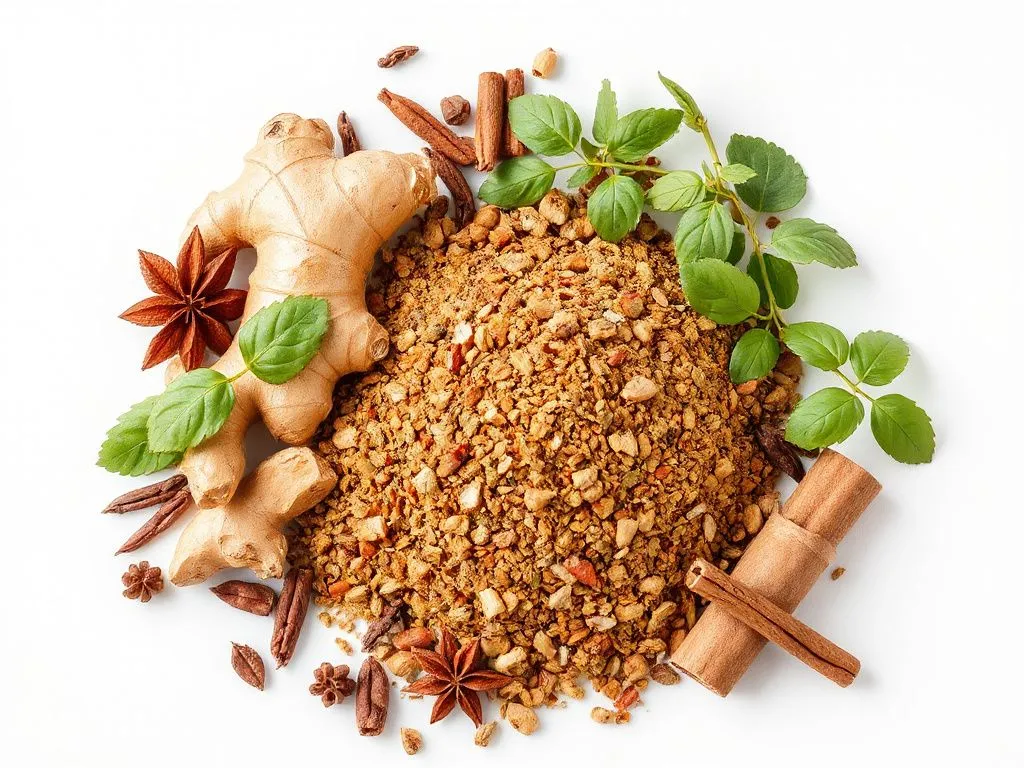 Photorealistic image of a variety of Arabic herbs for weight loss, including ginger, cumin, and cinnamon, arranged beautifully, high-quality lighting, clean background