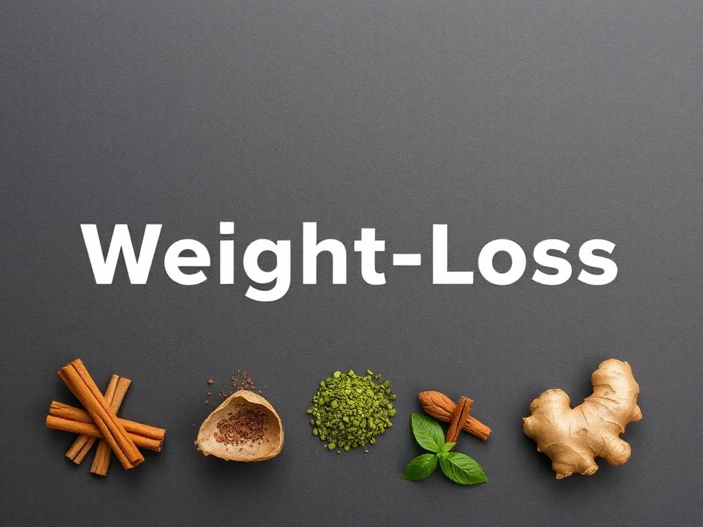 A balanced approach to weight loss combining natural herbs with modern techniques, featuring herbal elements like cinnamon, ginger, and matcha, in a professional and contemporary style