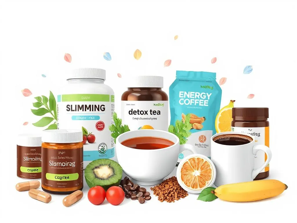 Illustration of various natural slimming products including capsules, detox tea, and energy-boosting coffee, photorealistic, high quality, modern, colorful layout emphasizing the balance between healthy lifestyle and weight loss.