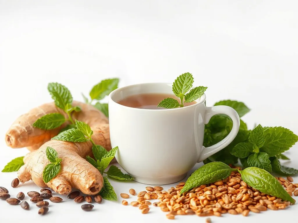 Cup of detox tea with steam rising, surrounded by ginger, mint, green tea leaves, and fenugreek seeds, photorealistic, high quality, professional lighting, clean background