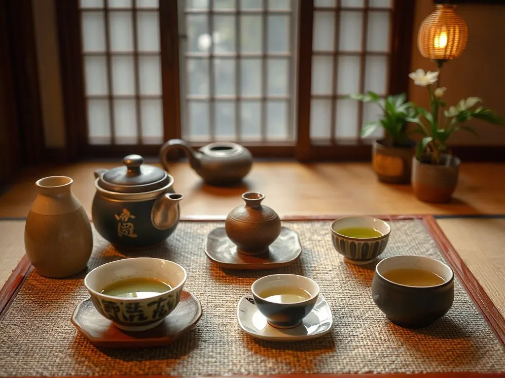 A serene Japanese tea ceremony setting featuring matcha tea, traditional tea tools, photorealistic, high quality, professional lighting, detailed, cultural atmosphere