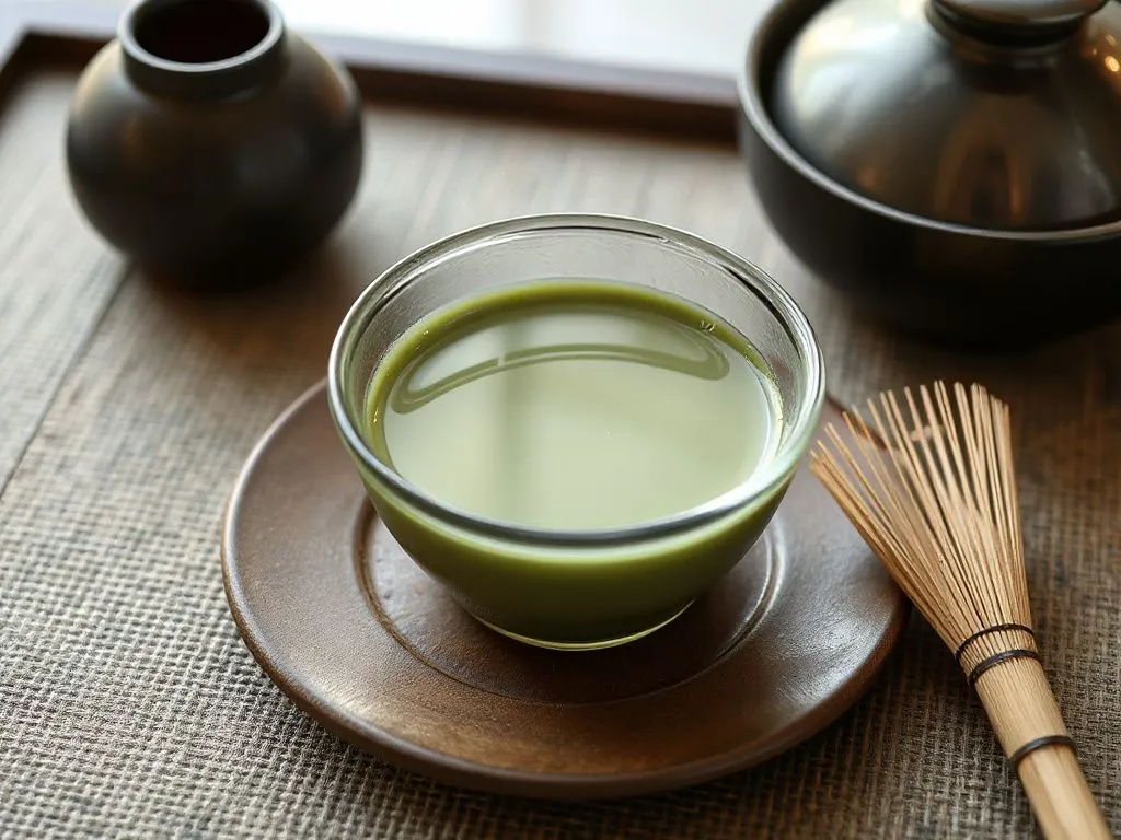A high-quality close-up image of a traditional Japanese tea ceremony setting with matcha tea, highlighting the elegance, minimalism, and cultural richness, featuring matcha tea bowl and bamboo whisk, photorealistic, soft natural lighting
