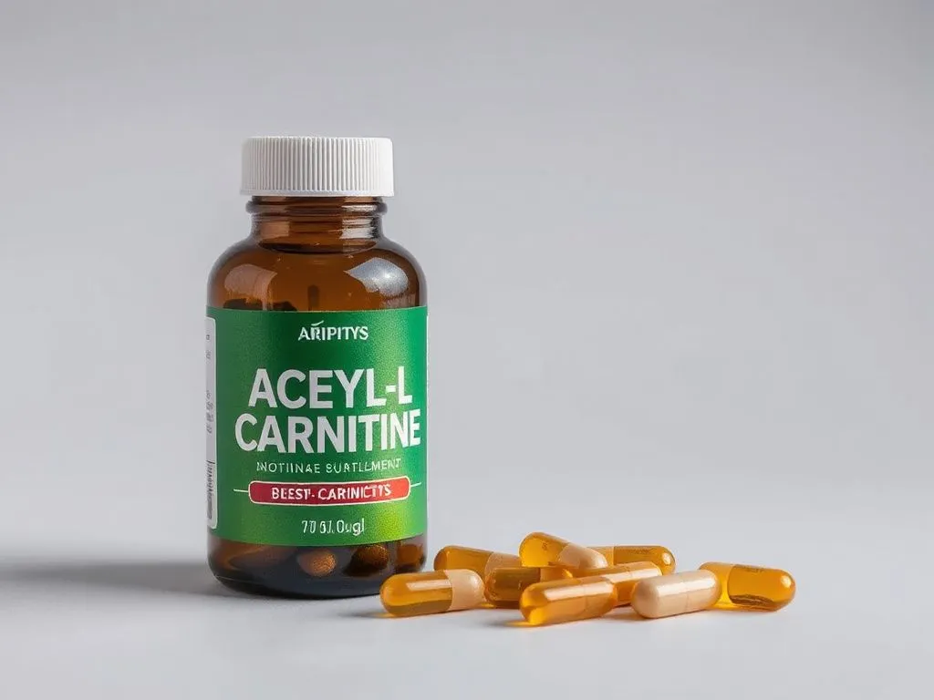 Professional photo of Acetyl-L-Carnitine supplement, high quality, clean background, bottle and capsules