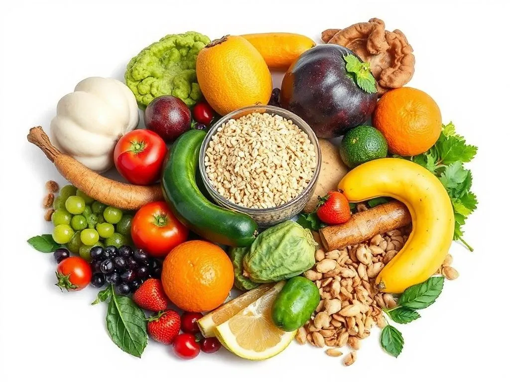 An array of colorful fruits, vegetables, grains, and legumes, showcasing diverse sources of dietary fiber, photorealistic, high quality, vibrant colors, clean background