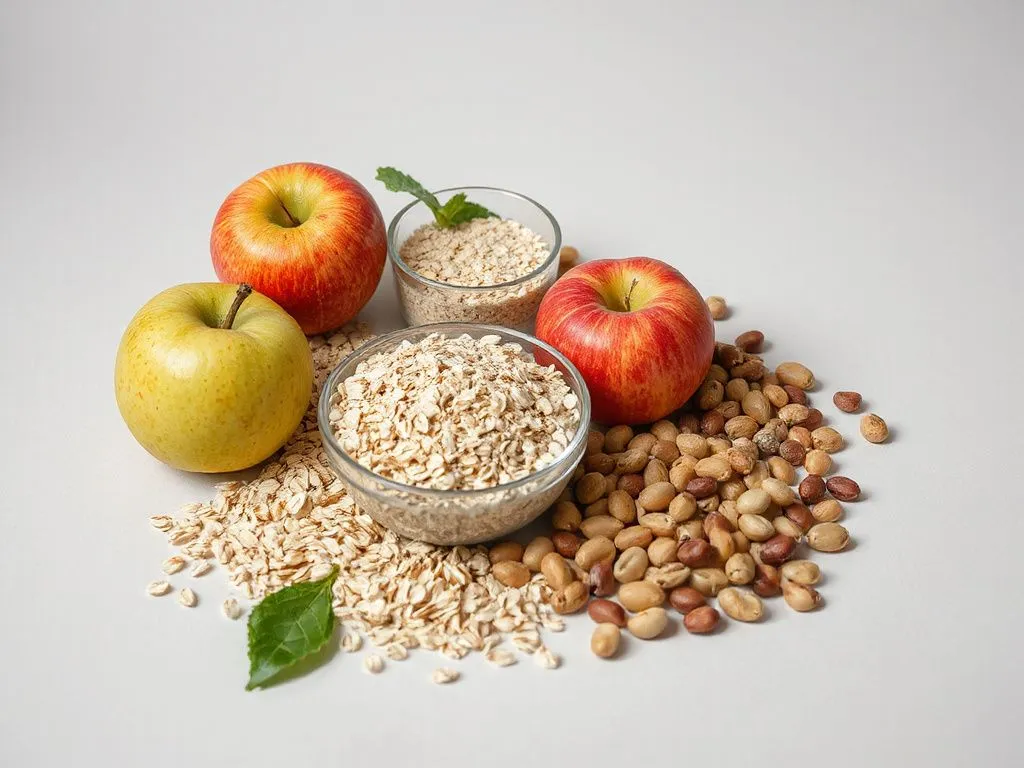 High-quality image of various fiber-rich foods like apples, oats, legumes, displayed aesthetically on a clean background, photorealistic, professional style