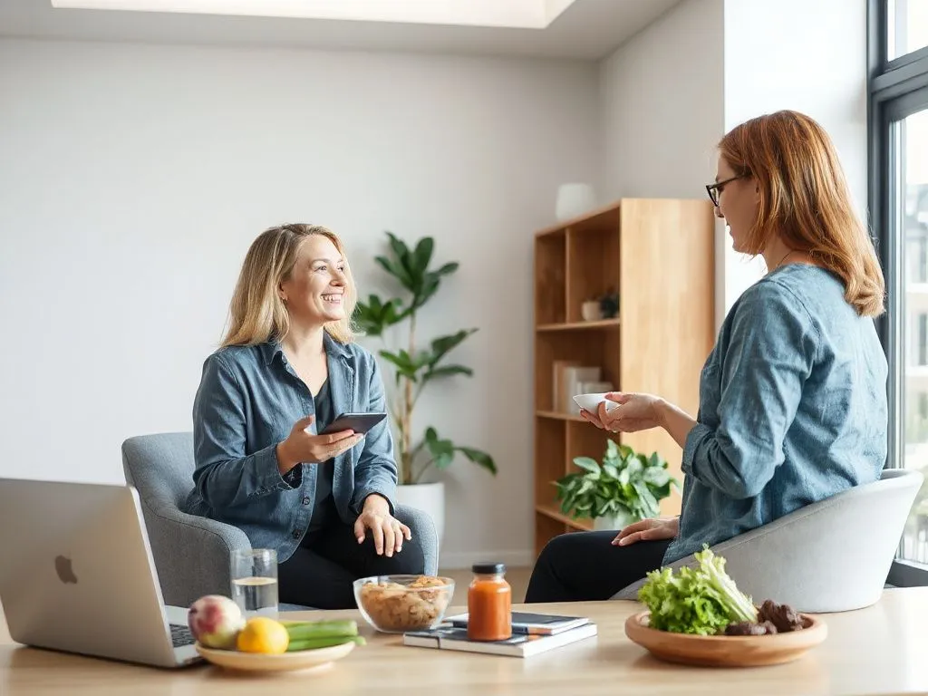 Personal nutrition consultation session, professional setting, a nutritionist discussing with a client, clean and modern interior, high-quality photography, natural lighting
