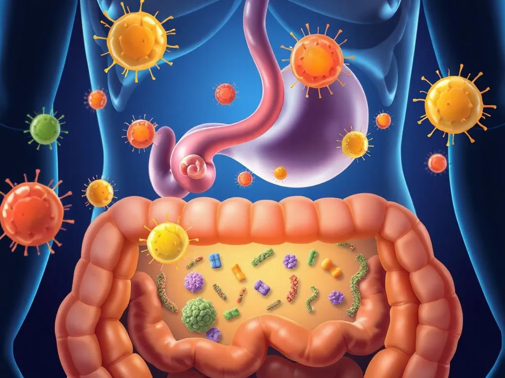 Illustration of gut health with probiotics showing beneficial bacteria interacting with intestinal lining, photorealistic, detailed, vibrant colors, medical diagram style