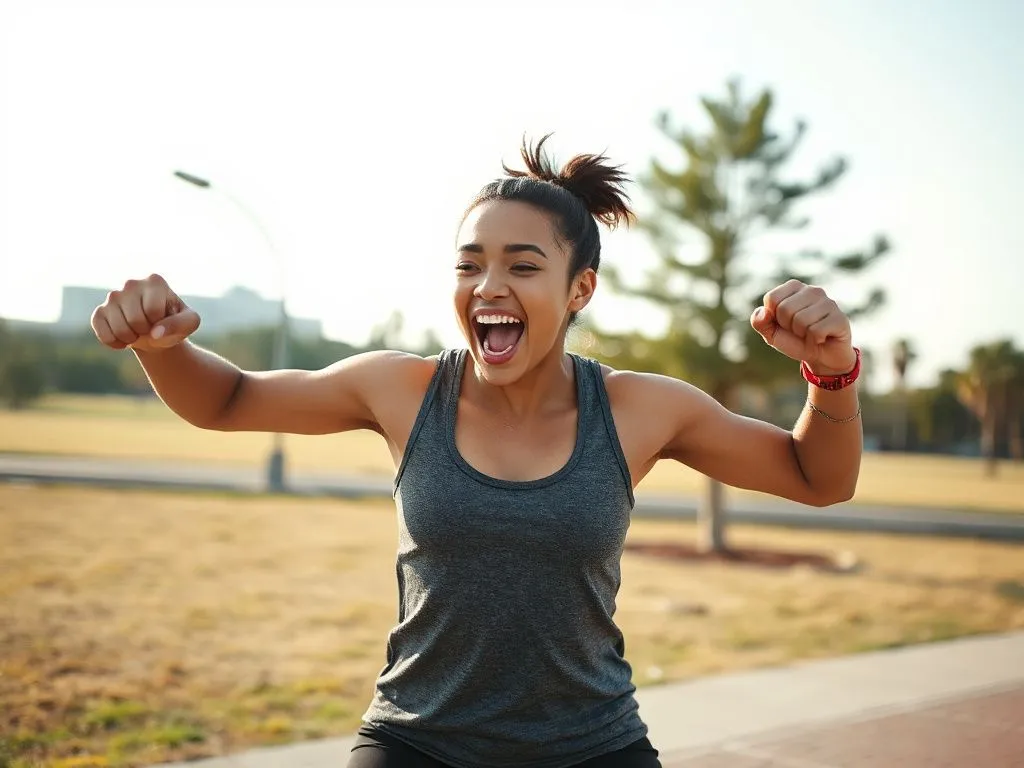 Energetic and active person performing a workout in a bright outdoor setting, showing enthusiasm and vitality, photorealistic, high quality, professional lighting, healthy lifestyle theme