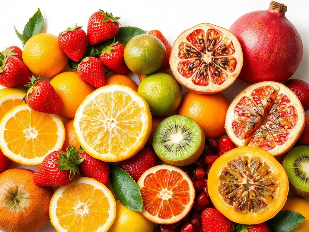 A variety of citrus fruits, strawberries, kiwis, papayas, and pomegranates arranged artistically, showcasing their vibrant colors and natural textures, photorealistic, high quality, professional lighting, clean background
