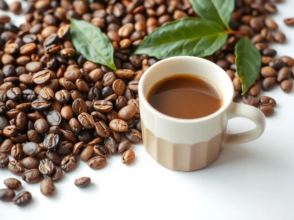 High-quality, photorealistic image of organic coffee beans and a cup of freshly brewed coffee, professional lighting, showcasing a natural, healthy lifestyle, clean background