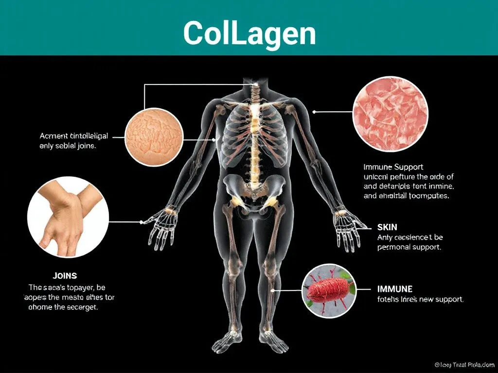 Visual illustration of collagen's role in human health, showing joints, skin, and immune support, high-quality, detailed, educational style