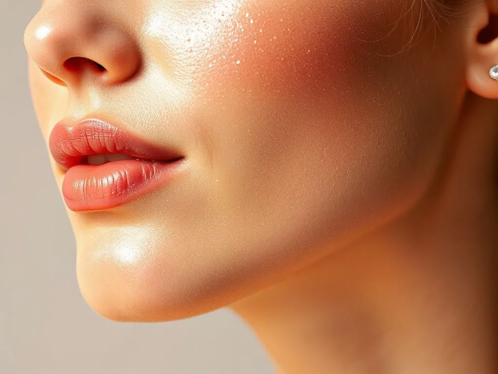 Abstract representation of healthy glowing skin with shining effects, photorealistic, high-quality, vibrant colors, professional lighting