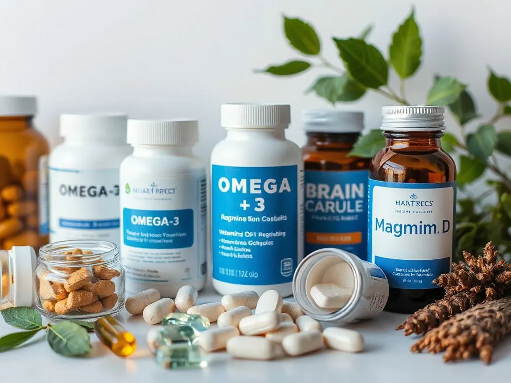 A collection of brain supplements including Omega-3 capsules, Vitamin D tablets, Magnesium pills, and herbal extracts in a professional setting, photorealistic, high quality, modern