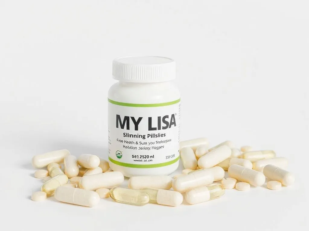 Photorealistic depiction of MY LISAA slimming pills, set in a clean, white background, emphasizing health and weight loss solutions, professional appearance