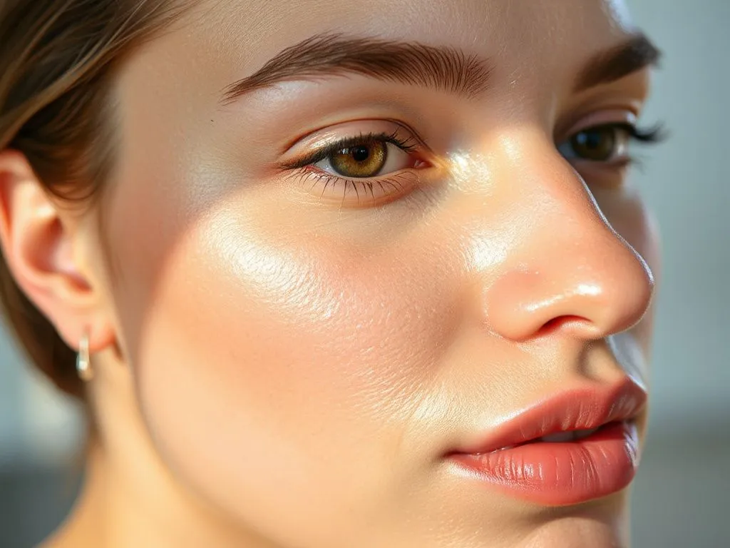 Professional skincare image showing smooth, radiant skin with a hydrated and youthful glow, photorealistic, high quality, natural lighting, representing the benefits of hyaluronic acid.