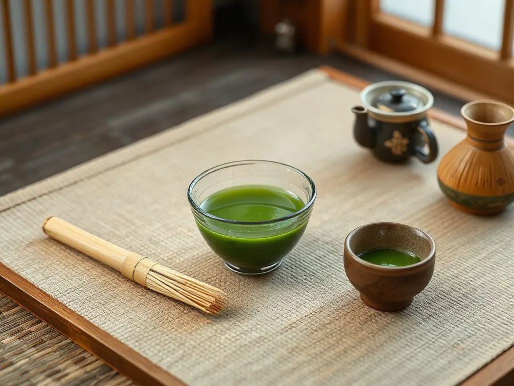 A photorealistic representation of Japanese traditional tea ceremony featuring a cup of vibrant green matcha, bamboo whisk, and traditional Japanese tea set in a serene setting, professional lighting, high quality