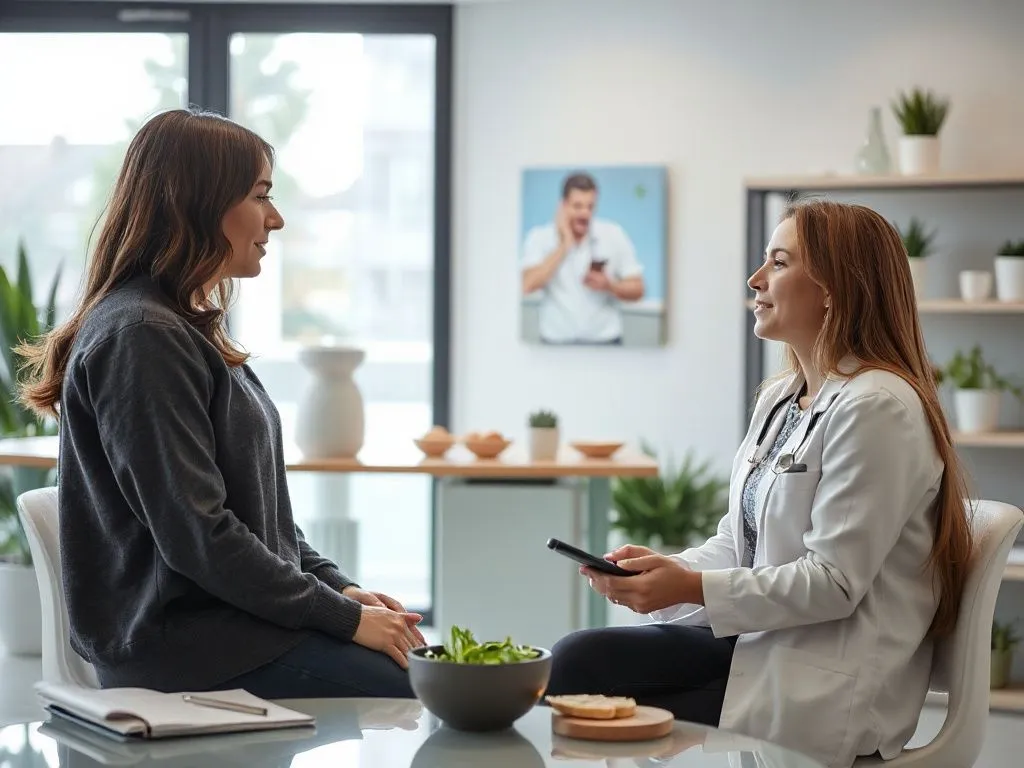 Professional consultation session between a nutritionist and a client, modern health clinic setting, photorealistic, high quality, natural lighting, detailed interaction scene