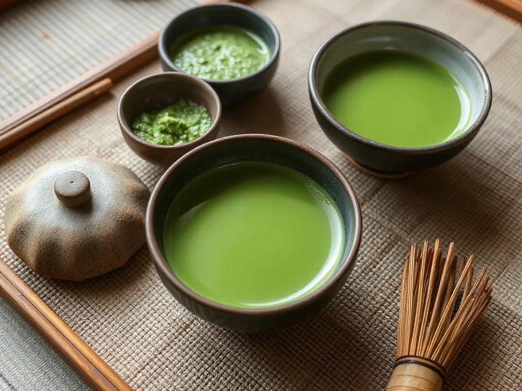 Japanese tea ceremony showcasing emerald green matcha, traditional setting, photorealistic, high quality, cultural elements, bowls and whisk for matcha preparation