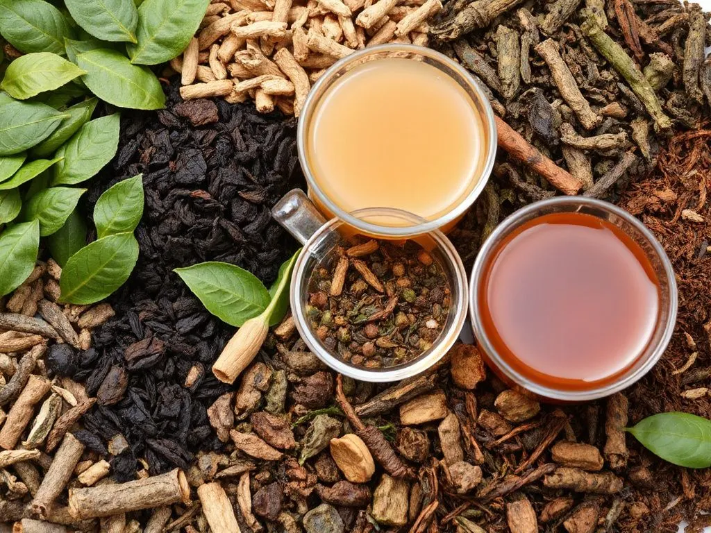 A variety of tea types including green, black, oolong, and herbal in a photorealistic image, displaying rich colors and components like antioxidants and polyphenols, representing health benefits in an artistic, professional style.