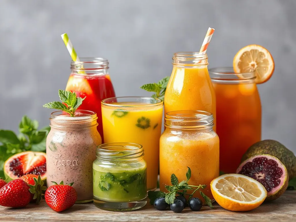 Colorful assortment of detox drinks in glass jars with fresh fruits and herbs, photorealistic, high quality, bright and inviting setup, healthy lifestyle concept for children.