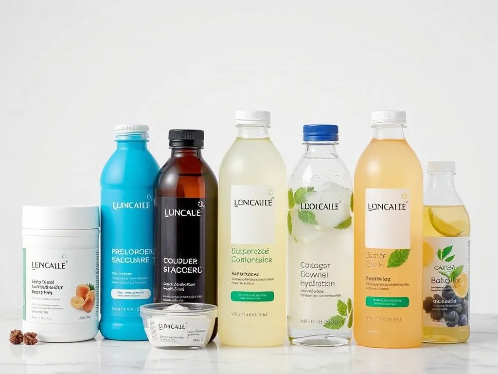 A variety of skincare and hydration drinks, including powdered collagen mixes and ready-to-drink bottles, displayed in a professional and health-focused setting, photorealistic, high quality, clean background, modern design